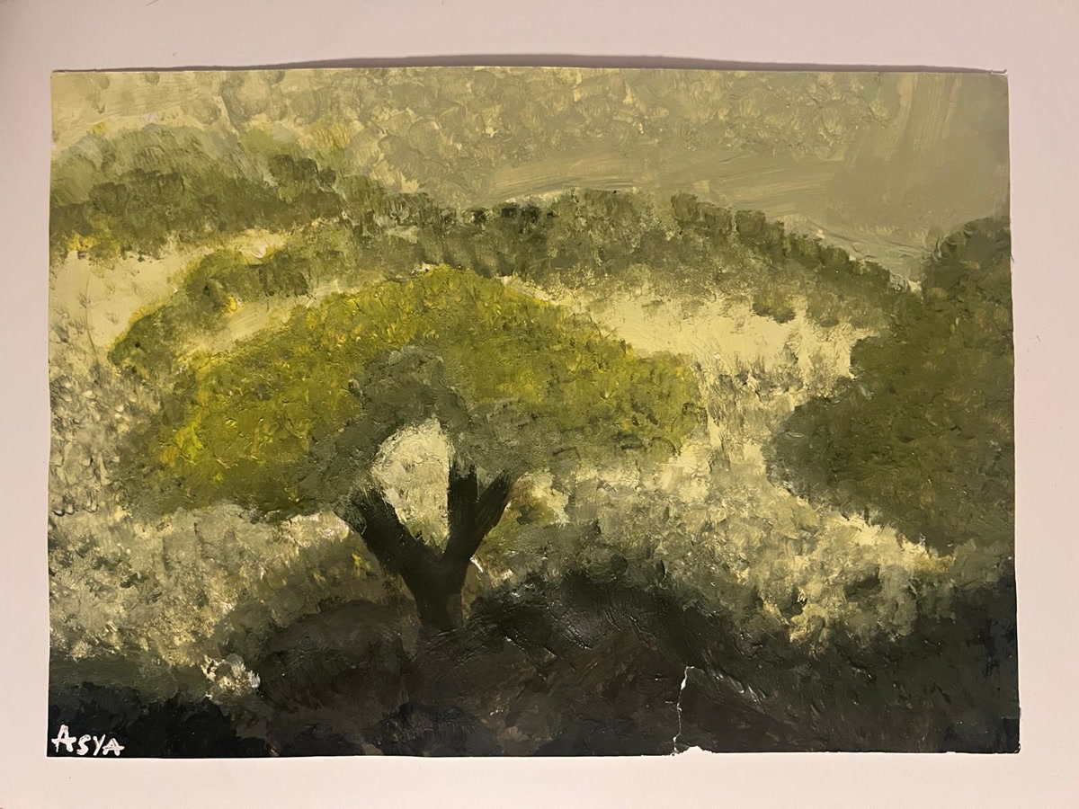 Peinture par Asya représentant une forêt en Corée dans différentes nuances de vert