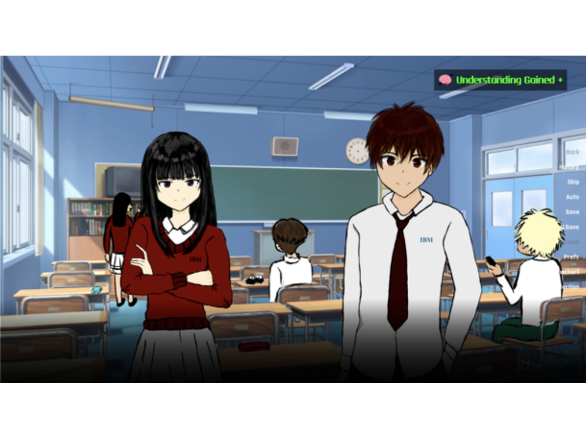 Personnages dessinés par Asya dans une scène de classe du visual novel